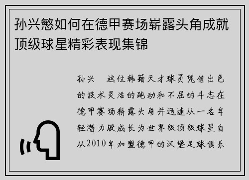 孙兴慜如何在德甲赛场崭露头角成就顶级球星精彩表现集锦