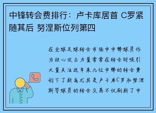 中锋转会费排行:卢卡库居首 C罗紧随其后 努涅斯位列第四